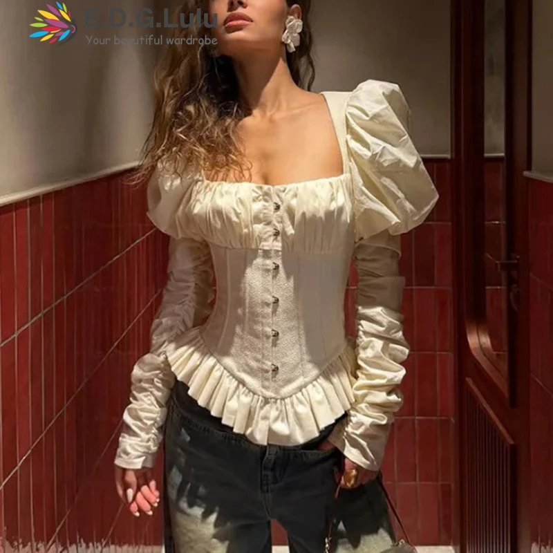 EDGLuLu Women's Puff Sleeve Blouse 2026 New French Square Neck Corset Waist Splicing Ruffle Hem Elegant Shirt Tops 0410