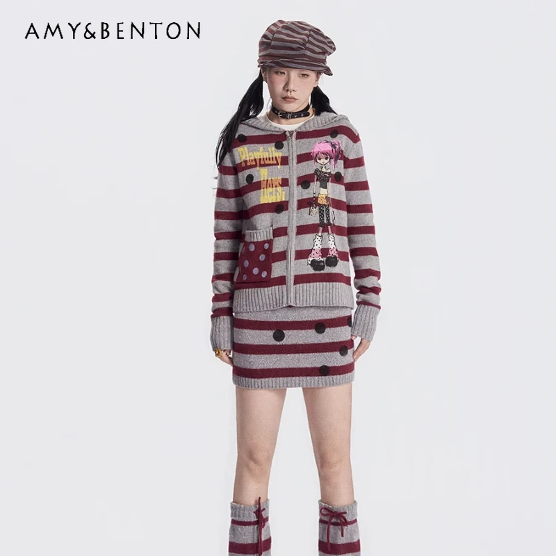 

American Retro Gray Red Striped Print Women's Hooded Sweater Autumn Winter New Design Slimming Y2K Knitted Short Skirt Set Girl