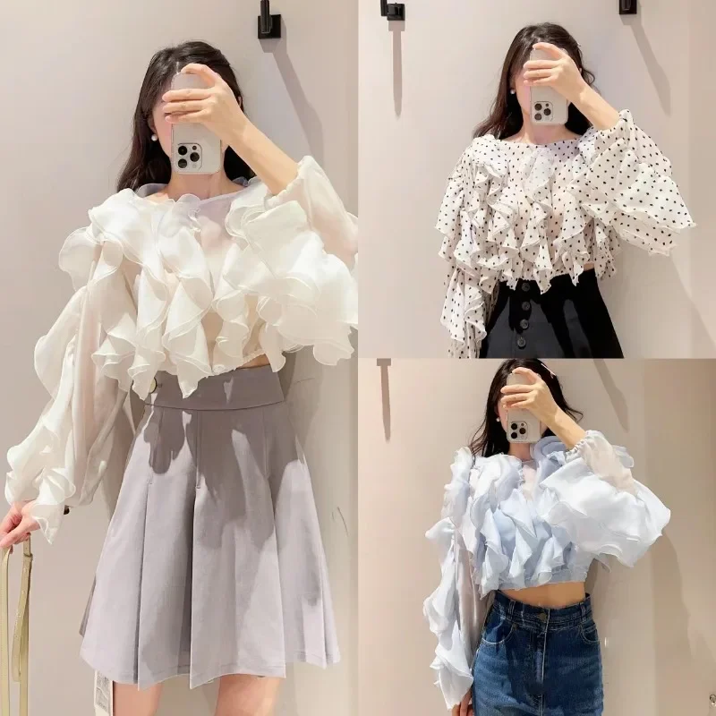 Sweet Ruffles Pactwhork Pullover Crop Top O-neck Long Sleeve Blouse Shirts 2024 Spring Summer Chic Solid Camisas Japan Blusas