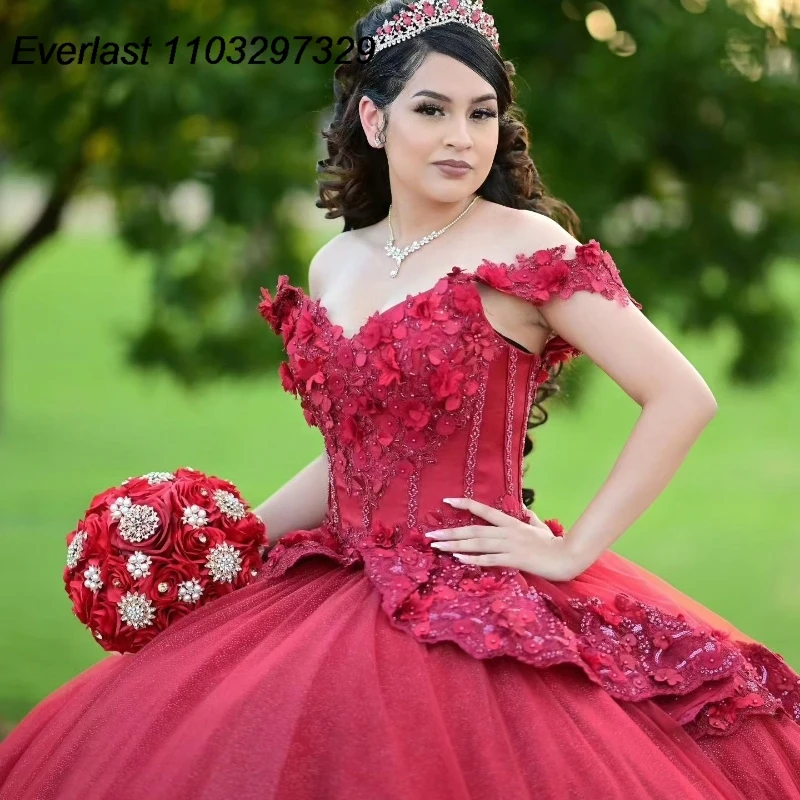 EVLAST-Vestido De quinceañera rojo personalizado, Vestido De baile con apliques De encaje brillante, corsé con purpurina y cuentas, Vestido De 15 anos TQD899