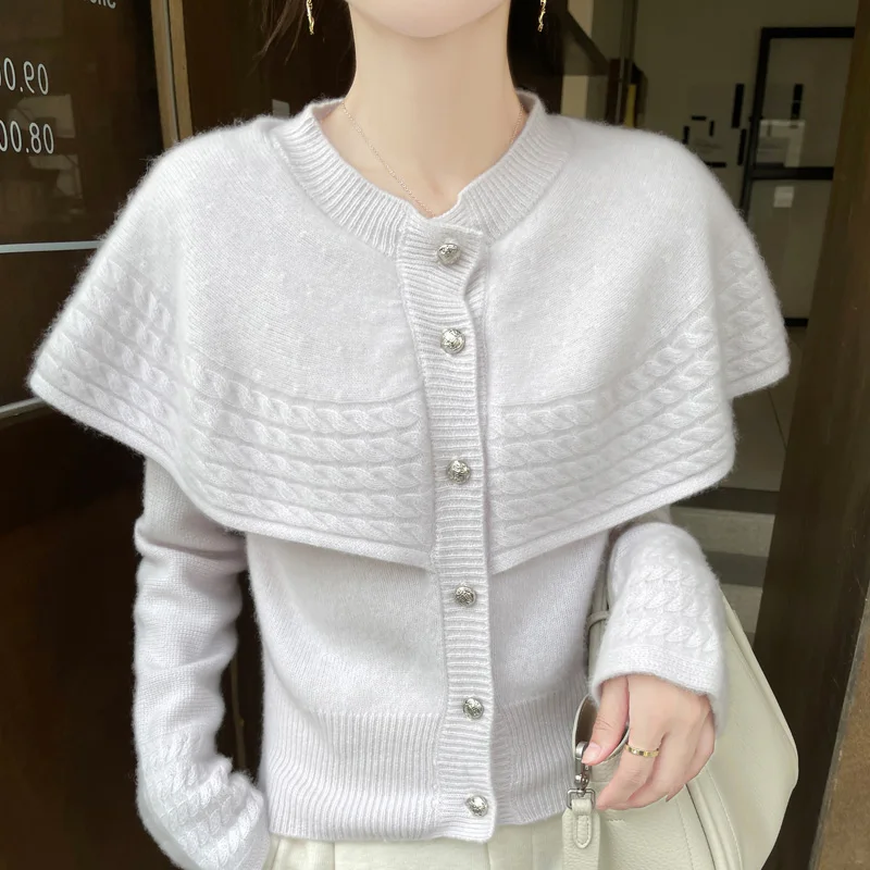 Cape en laine mérinos 100%, élégante, couleur unie, tricotée, manches longues, Cardigan en cachemire, tempérament, vêtements doux et chauds, haut