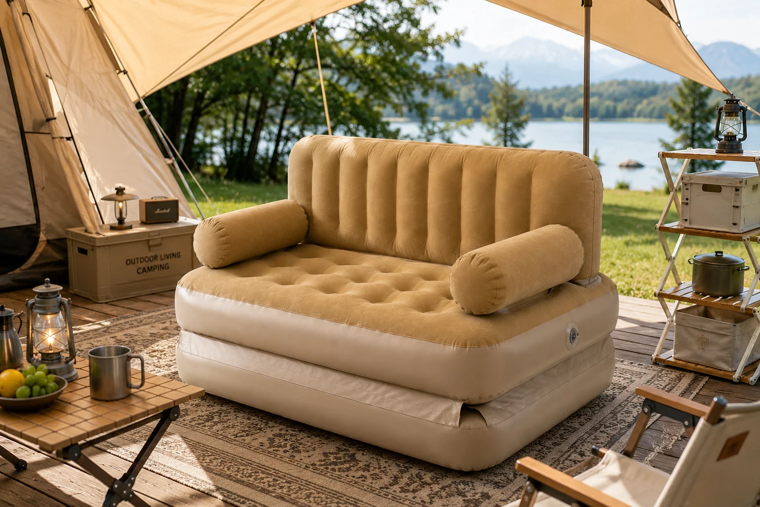 Outdoor Use Inflatable Khaki Flocked PVC Thick Durable Waterproof Tufted Bolster Foldable Electric Pump Compressed Sofa
