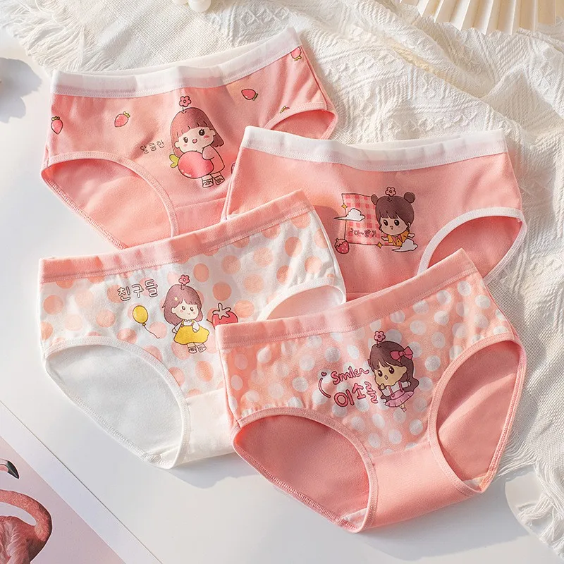 4 PCS Kids Girls Soft Cotton Antibacterial Briefs Cartoon Print Panties Children New Baby Breathable Underwear For 3-16 Years