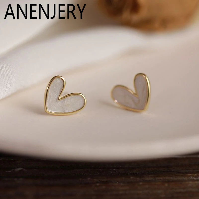 ANENJERY 316L ステンレス鋼ホワイトシェルハートネックレスイヤリング女性のためのシンプルな韓国のエレガントなジュエリーセットギフト