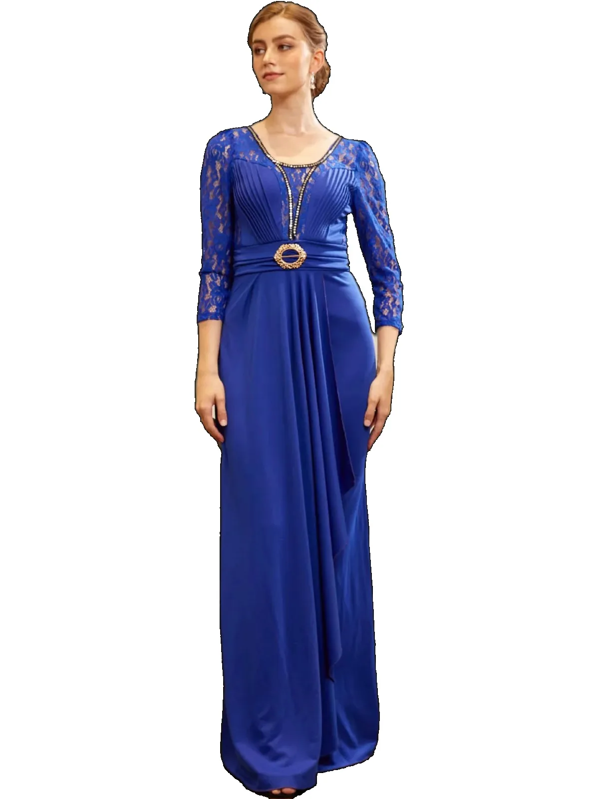 

Elegant Lace Ruched Formal Evening Party Dress Blue With Three Quaters Sleeves Blue