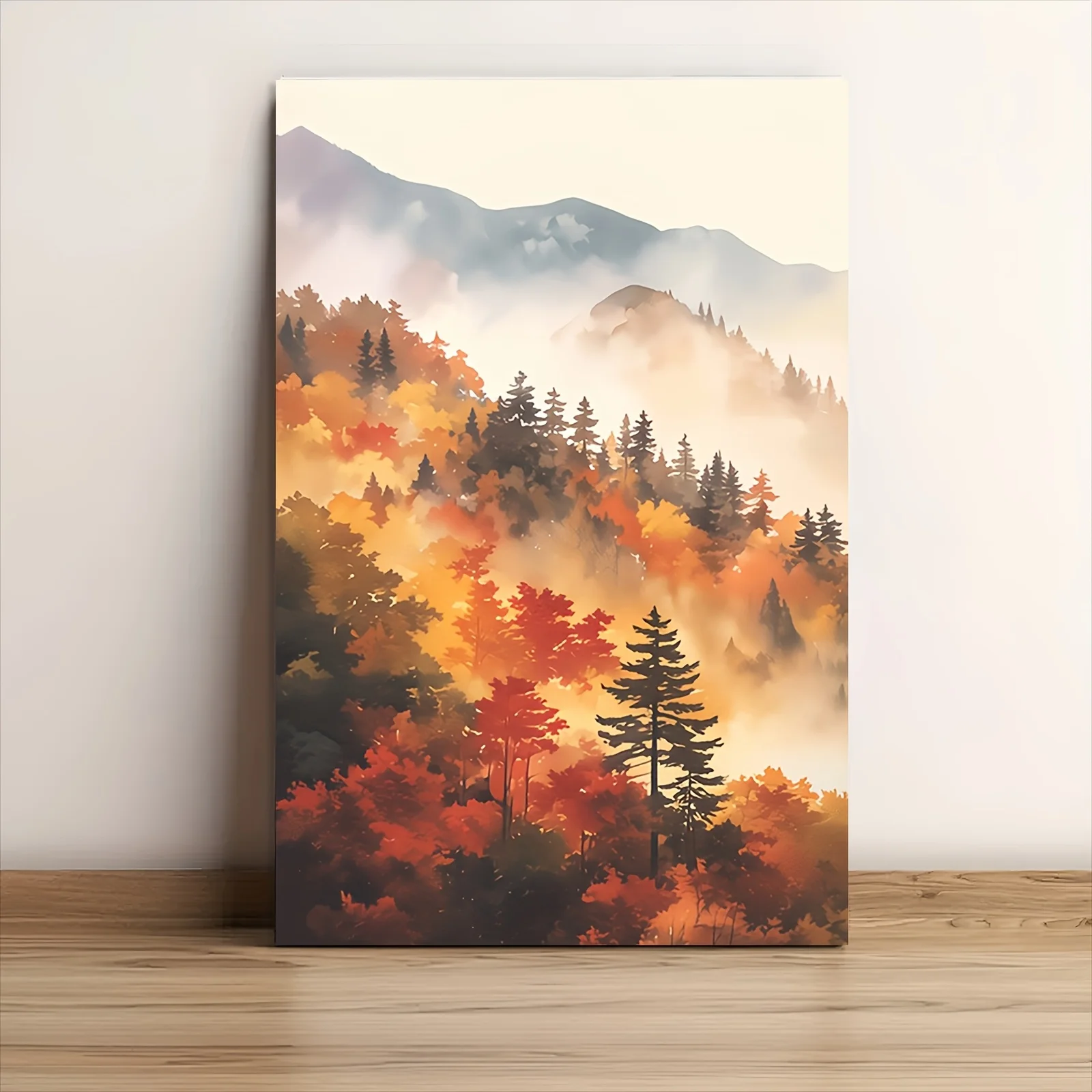 Vibrant Autumn Forest Canvas Poster - Frameless Wall Art with Misty Mountains and Colorful Foliage, Perfect for Home, Office