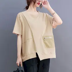 100% Cotton T Shirts Women Fashion Zipper Pocket Design Patchwork T-shirt Casual Loose Short Sleeve Oversized Tops Summer Tshirt