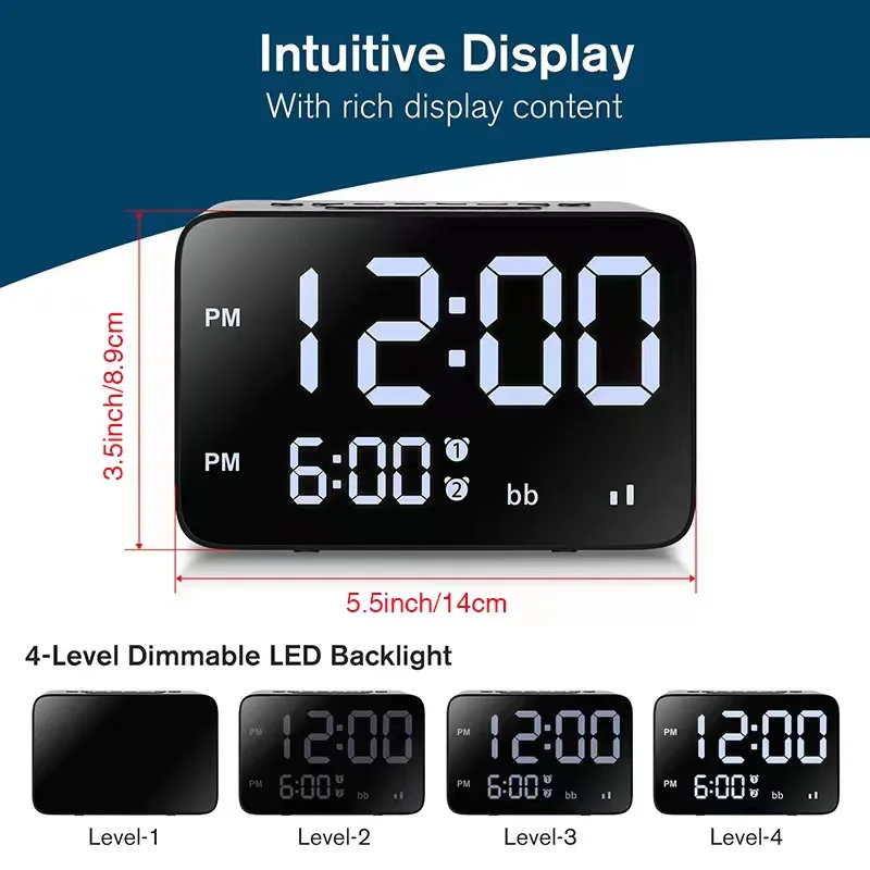 White Noise Alarm Clock Snooze Dimmable Light 3 USB Ports 2 US AC Outlets 1.5FT Power Cord Bedside Home Bedroom Clock