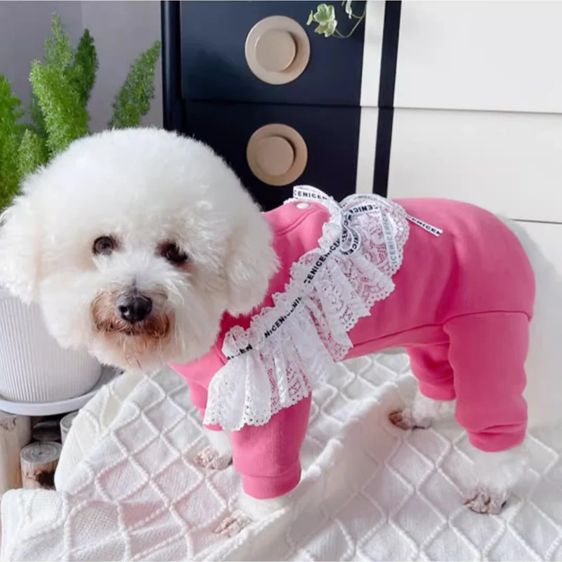 Korean Pink Cotton Plush Pet Dog Clothes Casual Hoodie Rompers Fashion Cute Lace Jumpsuits For Small Medium Dog Puppy Clothing