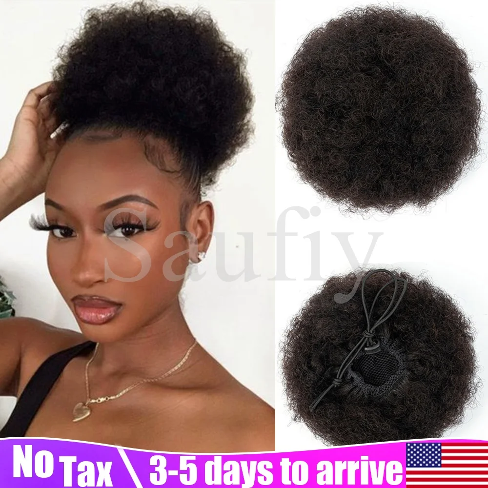 Afro Kinky Curly Hair Buns Human Hair Chignon Black Afro Ponytail Puff Drawstring Curly Ponytail Remy Human Hair For Black Women