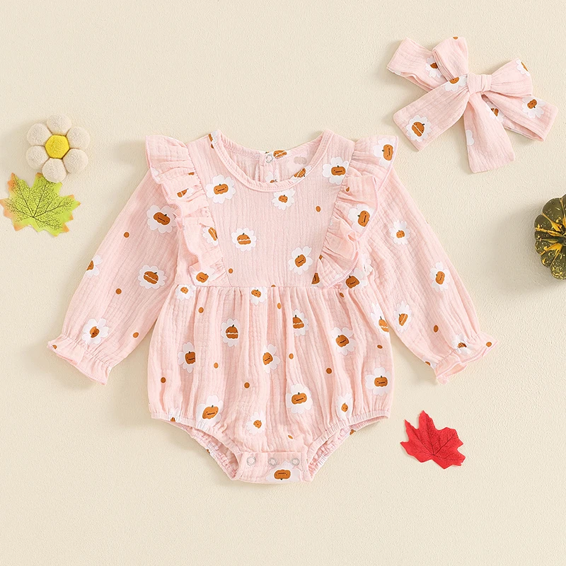 

VISgogo 2Pcs Baby Girls Halloween Bodysuits Outfits Long Sleeve Pumpkin Flower Print Romper with Headband Set Newborn Clothes