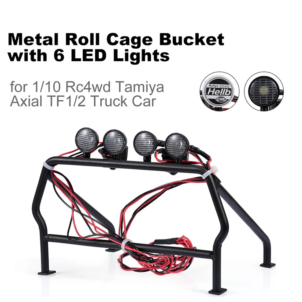 Car Light Metal Roll Cage Bucket with 6 LED Light Metal Barrel Cage for RC 1/10 Rc4wd Tamiya Axial Remote Car Parts Accessories