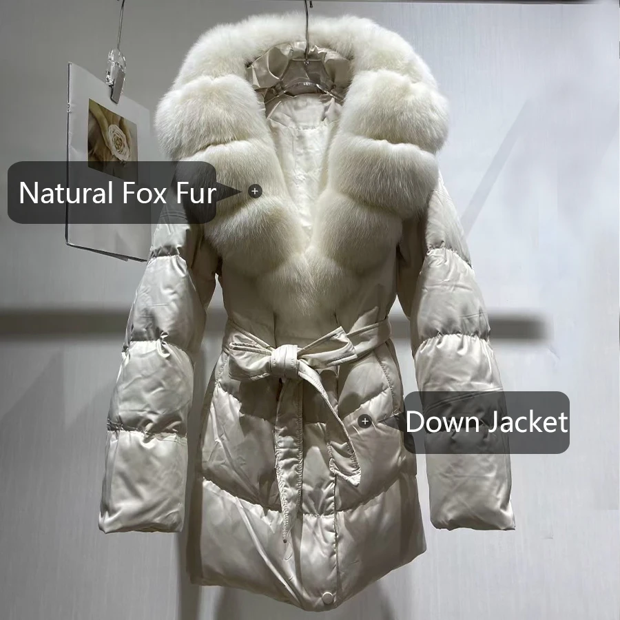 Jaqueta de pele real mulher inverno quente casacos com gola de pele de raposa natural luxo longo cinto solto puffer parka