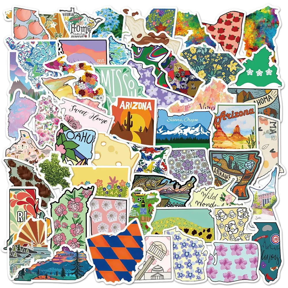 10/30/50PCS Cartoon Colorful State Outline State Sticker Graffiti iPad Desk  Computer Pattern Scrapbook Toy Decoration Wholesale