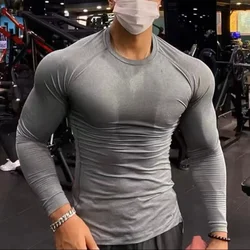 Solid Color T Shirt Men's Slim Long Sleeve Athletic Workout Tops O-Neck Breathable Bottoming Shirt Athletic Workout Clothes