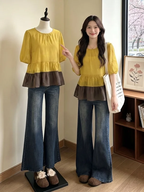

Yellow Short Sleeve Chiffon Shirt Women's Summer New Style plus Size Doll Top Micro Fat MM Korean Loose Fit Lace Blend