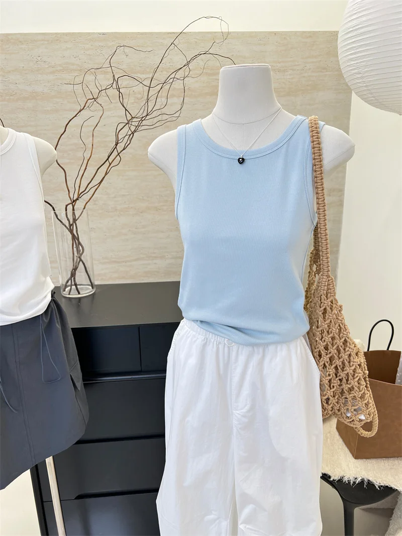 

Korean Style round Neck Ribbed Cotton Vest Women's Summer New Versatile Camisole Underwear for Flattering Side Breast Outerwear