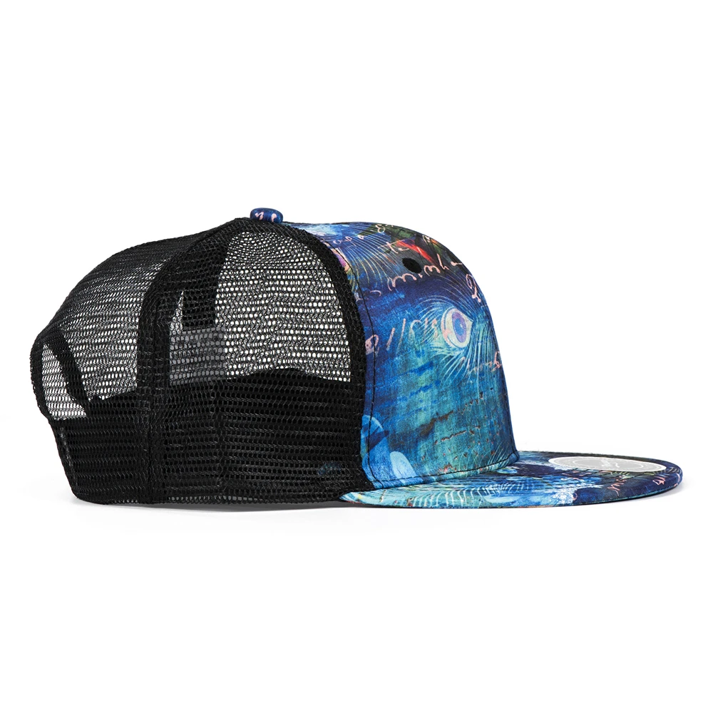 Boné de beisebol com impressão de penas para homens e mulheres Hip Hop, chapéu de camionista de malha respirável, streetwear, viseira plana, bonés snapback, verão