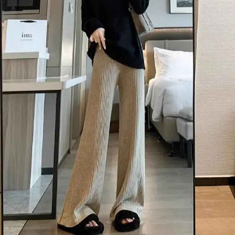 

Slit Design Autumn Winter Wide-Leg Pants Women New High-Waisted Loose Lazy Style Soft Waxy Comfortable Drape Casual Pants