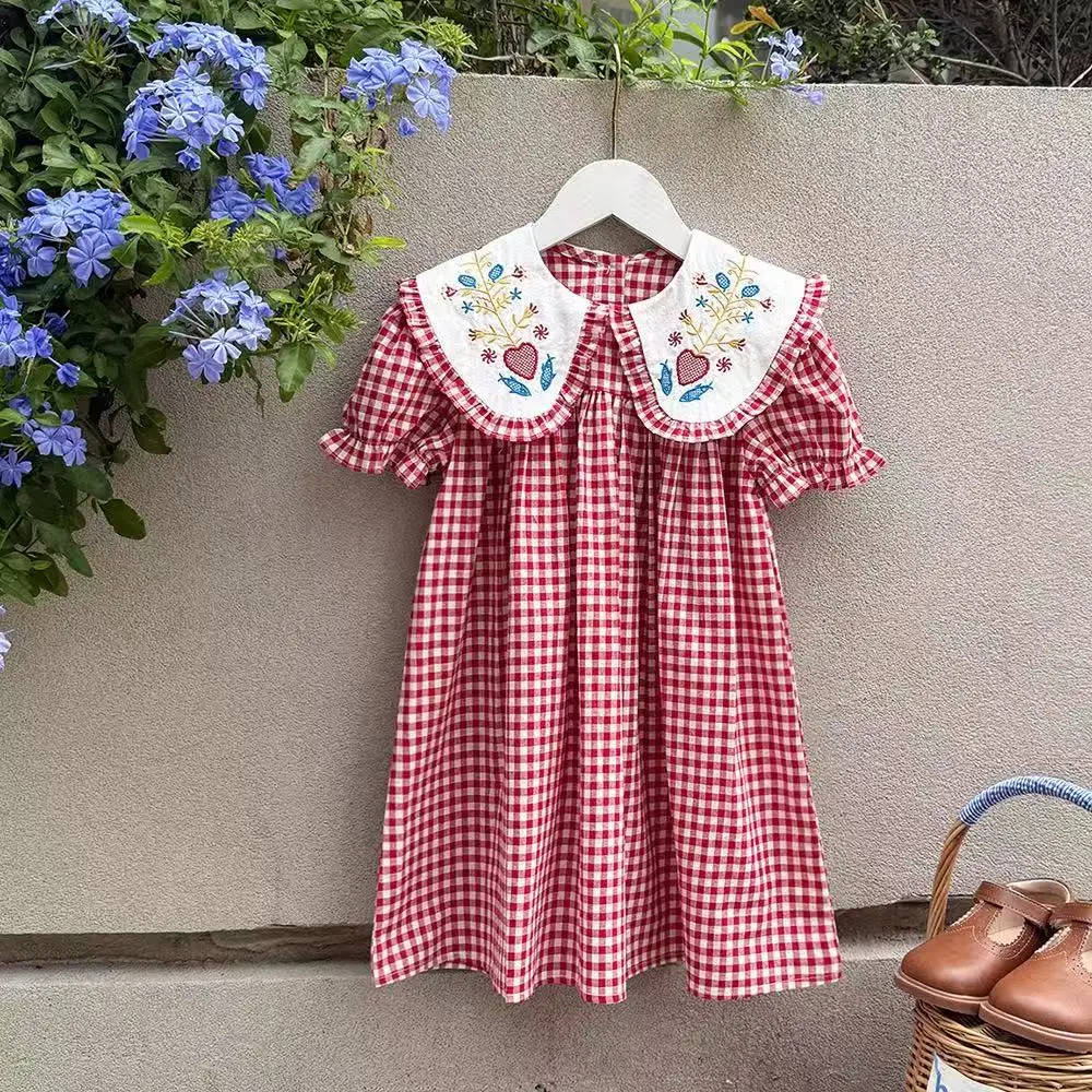 2026 New Arrival Toddler Girl Retro French Doll Collar Sundress Checkered Red Short Sleeve Floral Embroidered Skirt for 90-140cm