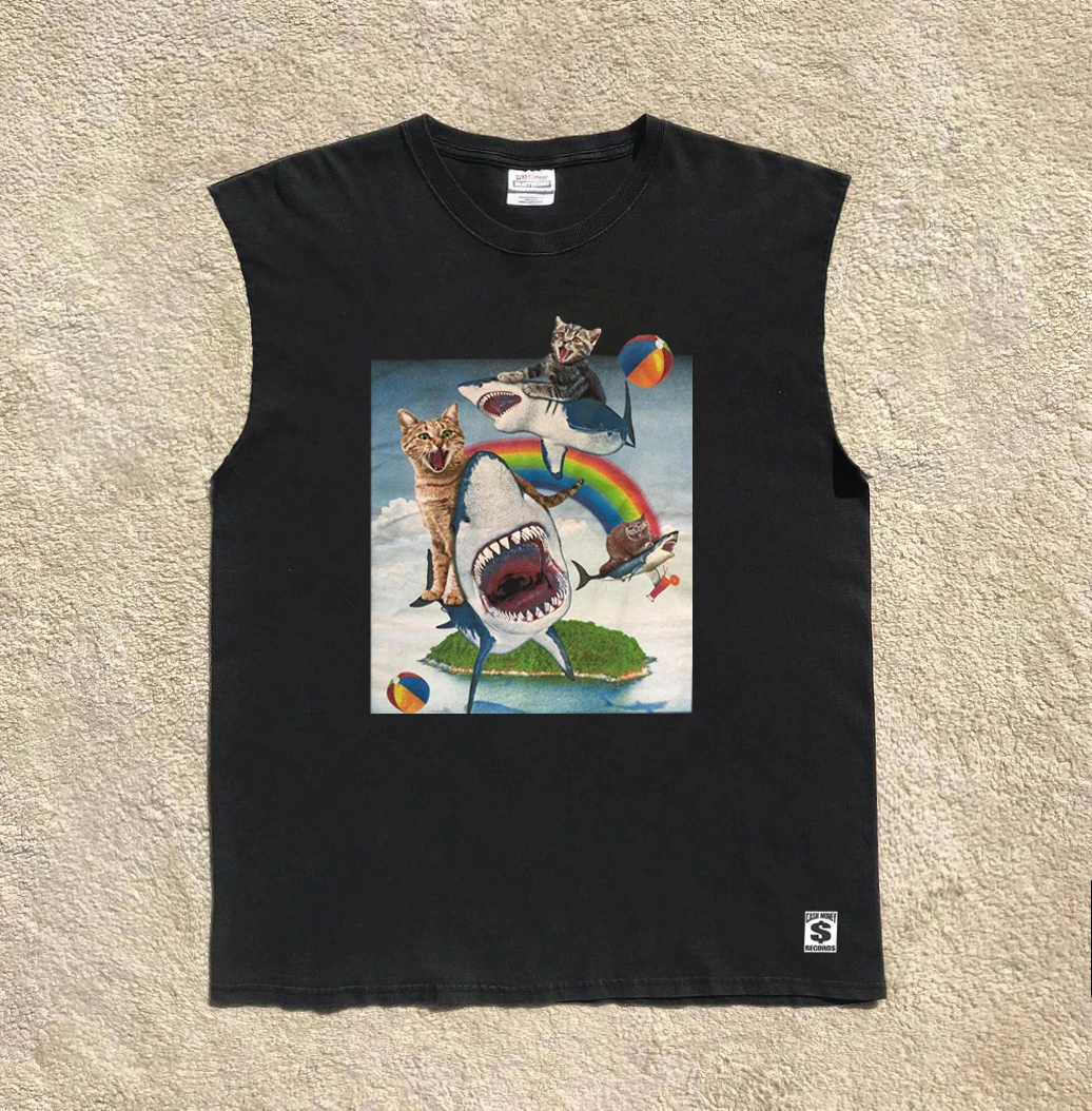 Heavyweight 240G Vintage Unisex Sleeveless T-Shirt Vest Loose Fit Cotton Polyester Blend round Neck No Brand Registered Trade...