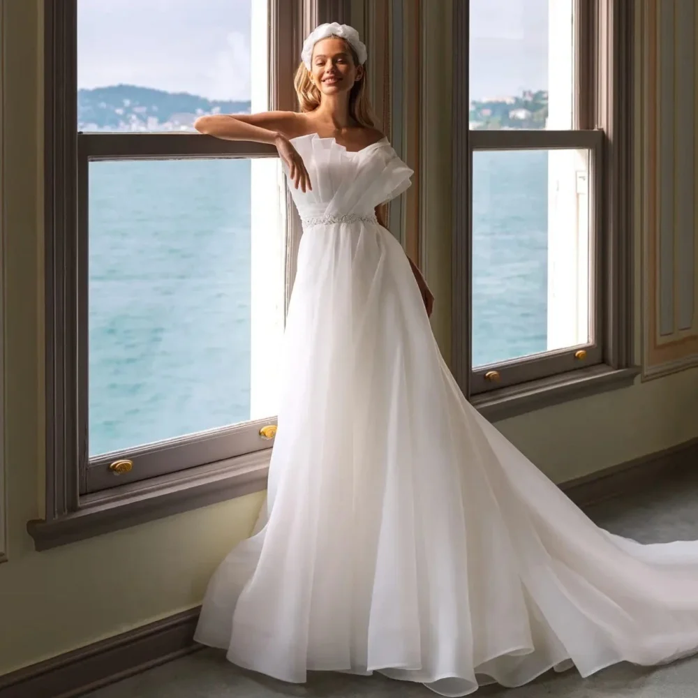 

Customized Modern Wedding Dress Strapless A Line Simple Bride Gowns One Shoulder Beading Elegant Button Vestidos De Novia