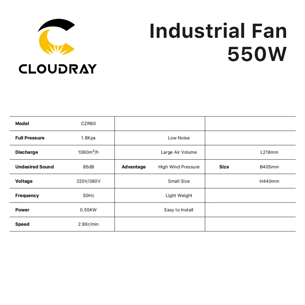 Cloudray 220V 550W Exhaust Fan Air Blower Centrifugal for CO2 Laser Engraving Cutting Machine Medium Pressure Lower Noise