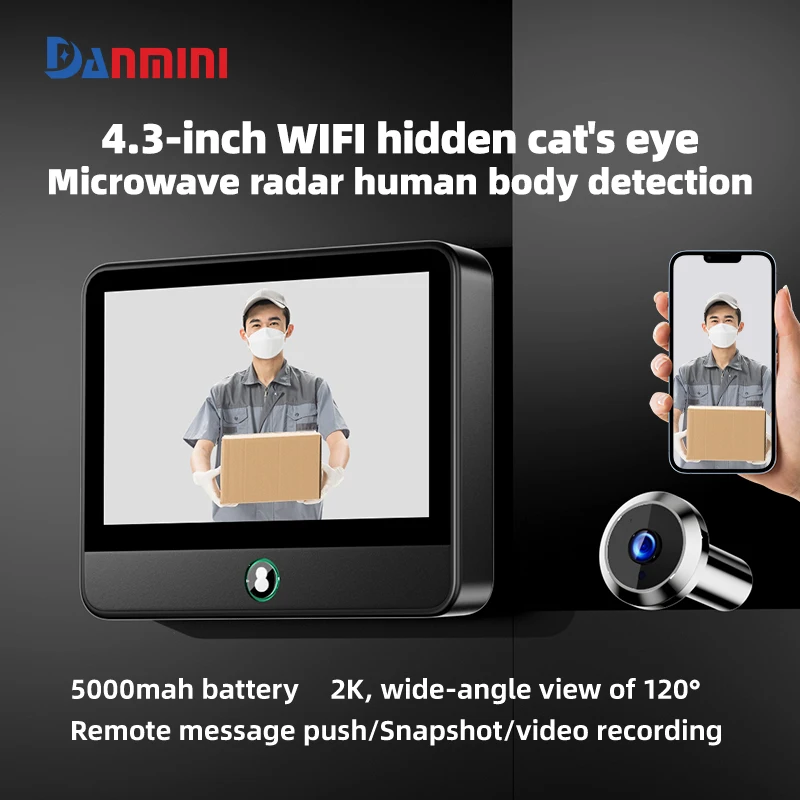 Danmini 4.3'' Peephole Tuya App Remote Control Doorbell 3MP 120 Wide-angle Camera Home Security System Digital Cat Eye Door Bell