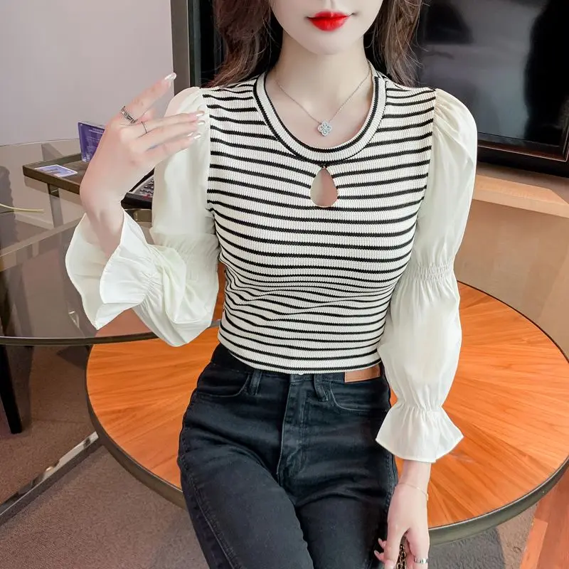 

Вязаные лоскутные элегантные футболки с длинным рукавом, универсальные офисные ажурные винтажные топы, весенне-осенняя модная тенденция, женская одежда