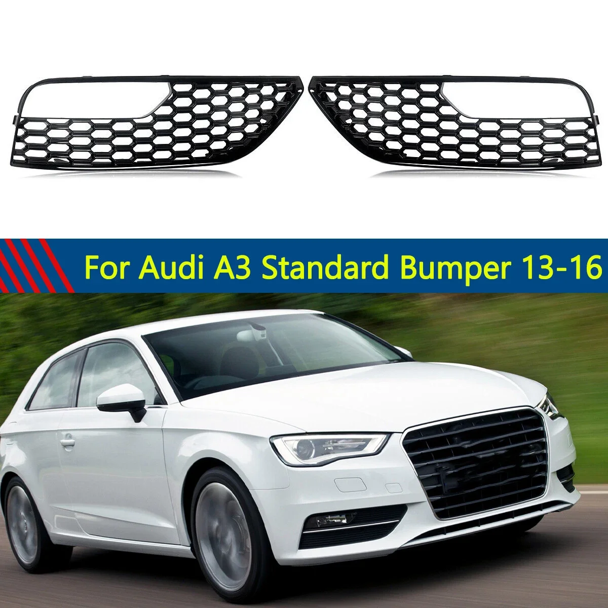 

Глянцевый черный передний бампер, противотуманная фара, решетка, сотовая сетка, замена решетки для Audi A3 2012-2016 8V3807681 8V3807682