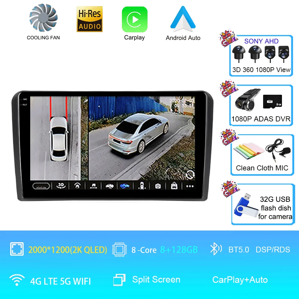 Android 16 Carplay Auto voor Audi A3 8P 2003-2013 autoradio 2din multimediaspeler GPS navigatie audio stereo DSP 360 camera 4G