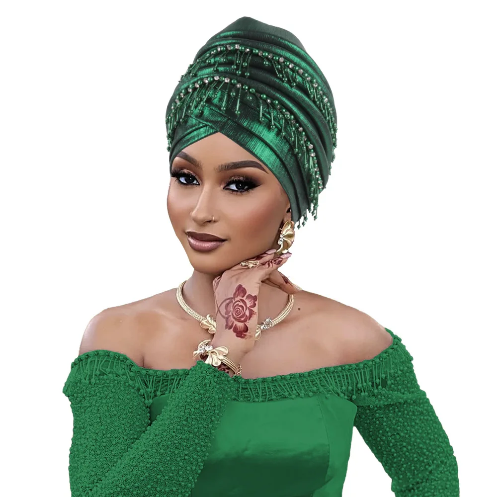 

African Headtie Women Beads Tassels Turban Cap Nigerian Wedding Auto Gele Party Headpiece Head Wrap Hijab Bonnet Hat Headdress