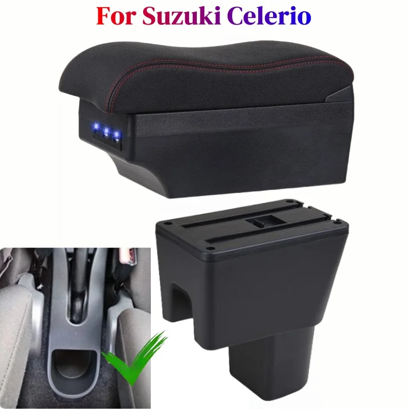 

Автомобильный ящик для хранения для Suzuki Celerio, автомобильный подлокотник, внутренний модификационный ящик для Celerio, искусственная кожа, USB светодиодный ремонт, аксессуары