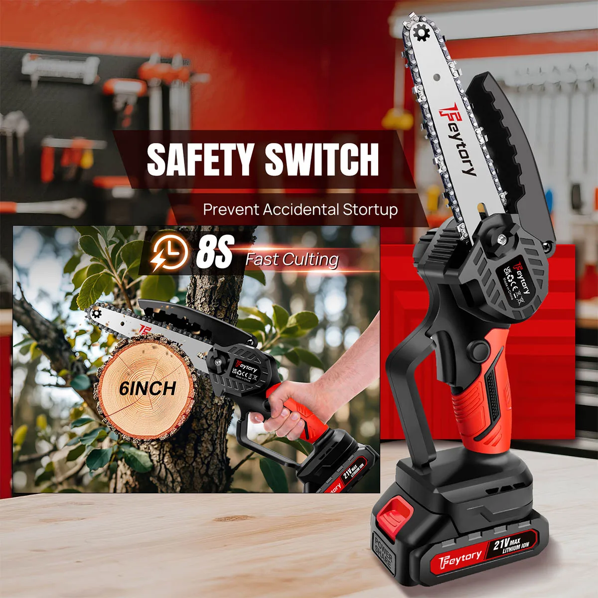 6 Zoll Elektrische Kettensäge 21V 700W Leichte Mini-Elektrokettensäge mit 1500mAh Wiederaufladbarem Akku, Ketten, Leistungsstarker Holzschneider zum Schneiden von Holz und Bäumen für Ast- und