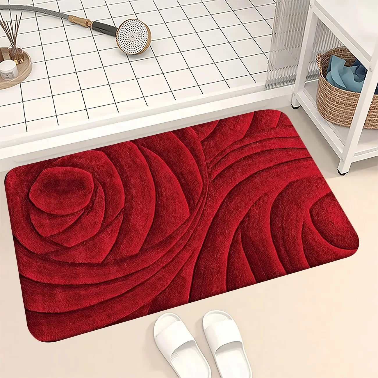 Red Rose Printed Flannel Bath Mat With 3D Effect And Soft Texture Non Slip Rug For Bathroom Or Home Decor