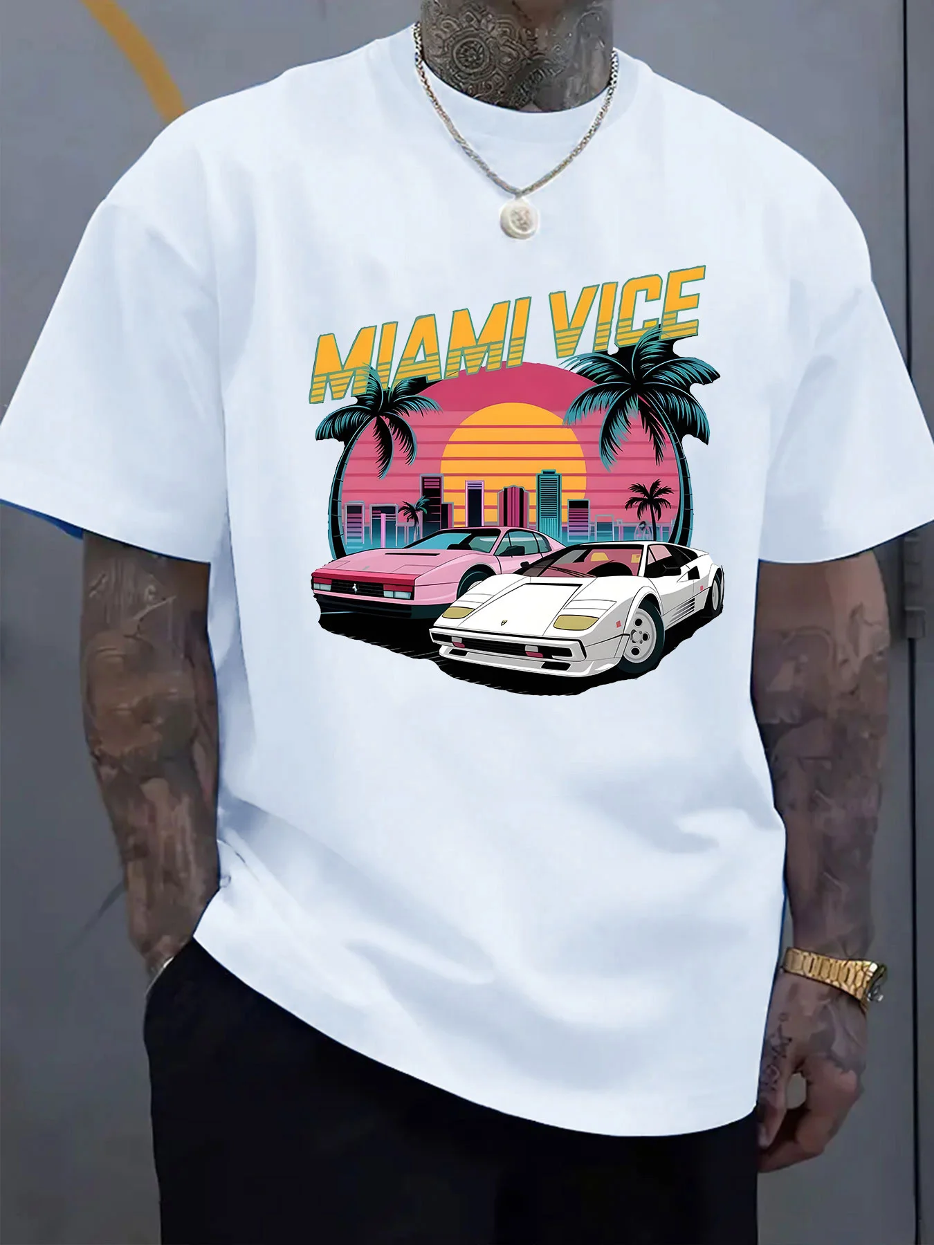 

Men's Miami Vice Graphic T Shirt Retro Neon Palm Tree Cityscape Design White Casual Crew Neck Tee Breathable Summer Shirt