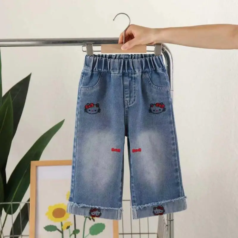 

Hot Sanrio Hello Kitty Jeans Girl Spring Autumn Straight-Leg Pants Child Kawaii Anime Cartoon Fashion New Style Casual Clothing