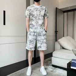 New Men's Trend Loose Sports Casual Thin Style Breathable Off Shoulder T-shirt Short Sleeve Shorts Two-piece Set Ropa Hombre