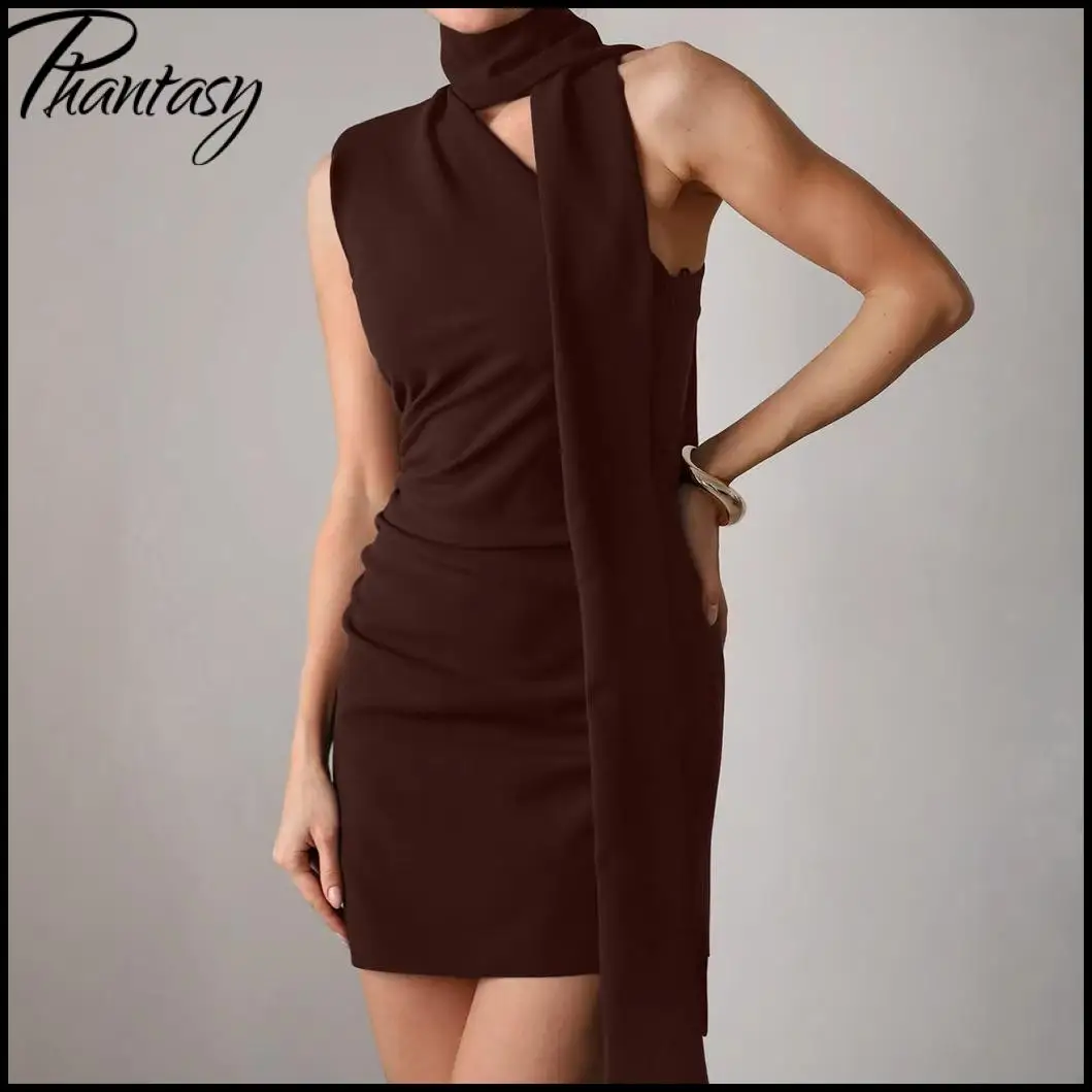 

Phantasy Fashion Brown Short Dress Women Elegant Diagonal Collar Sheath Dress with Scarf Chic Sleeved Streetwear Summer Clothes