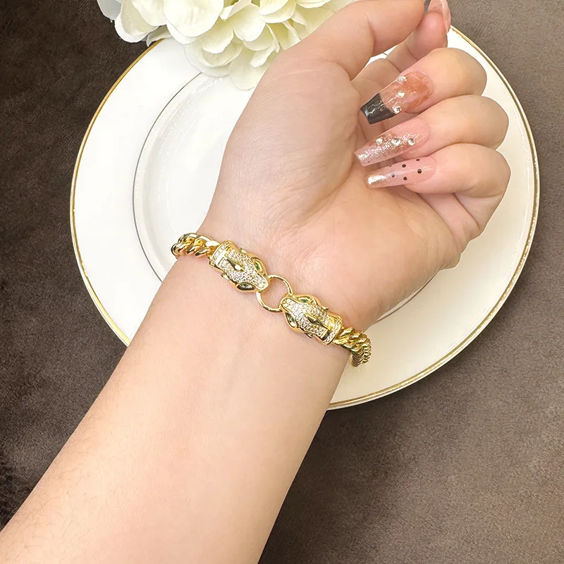 Double Leopard Head Micro-inlaid Bracelet Women's 24K Gold AU999 - Pure gold leopard chain, luxurious and bold for daily wearing