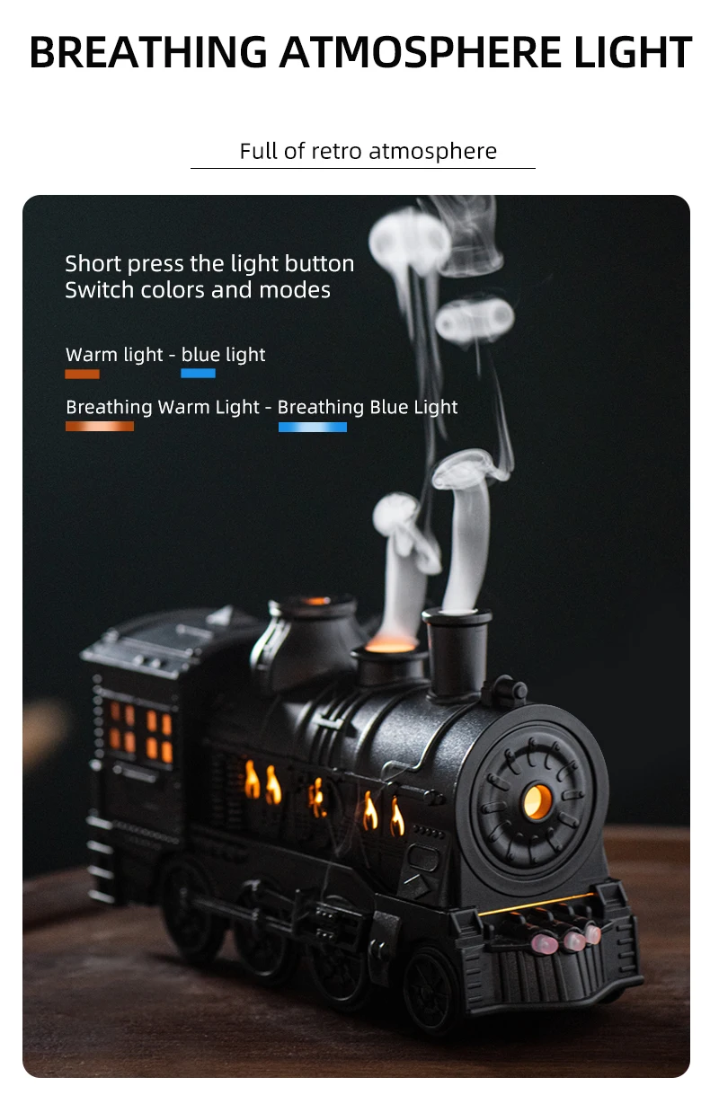 Creative Vintage Train Locomotive Air Humidifier Aromatherapy Diffuser Sprayer with Jellyfish Smoke Ring /Essential Oil Set