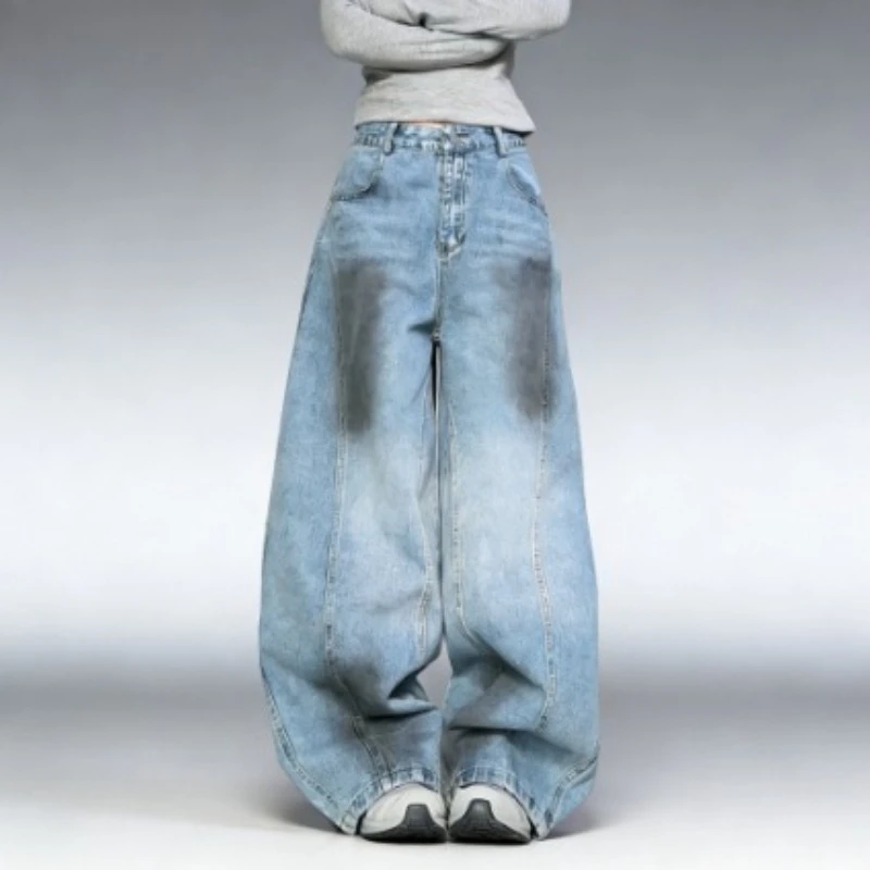 Plus Size Women's American Retro Distressed Graffiti Curved Denim Jeans 2025 Autumn Loose Fit Droopy Wide Leg Trousers