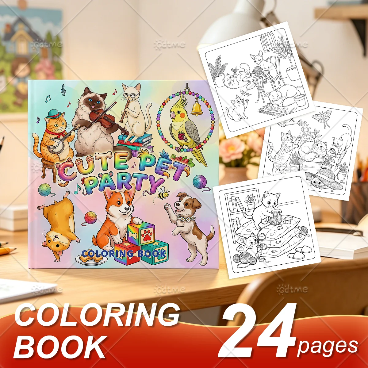 Cute Pet Party Coloring Book Adorable Cats Dogs Parrots Hamsters Stress Relief Colouring Pages for Adults Teens Relaxation Gift