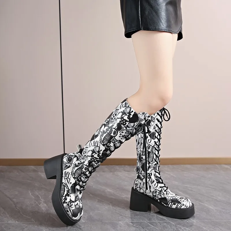 المرأة الكتابة على الجدران منتصف أنبوب الأحذية الجديدة جولة تو الدانتيل كعب سميك الجانب سستة موضة الأحذية الجلدية الطويلة سميكة وحيد تظهر أحذية النساء #5