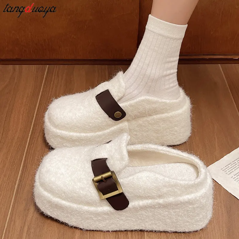 Super High Heel Platform Slippers Ladies' 2024 Winter Warm Thicken Lamb Wool Fluffy Slippers Woman Thick Sole Closed Toe Slipper