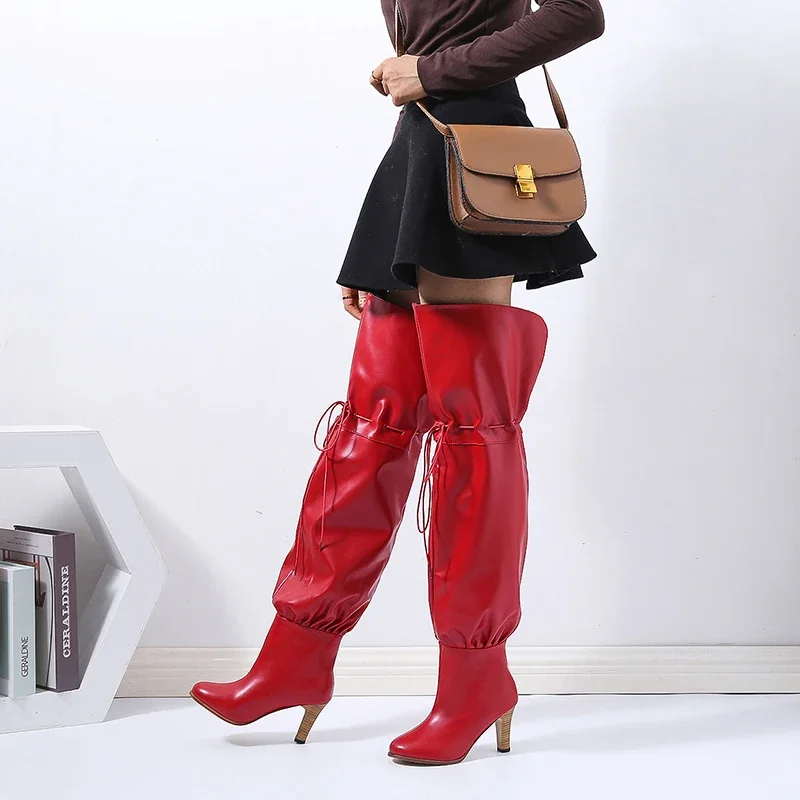 Catwalk Women's Over-The-Knee Boots Street Fashion Lace-Up Long Boots Bright Patent Leather Breathable Inner Performance Shoes