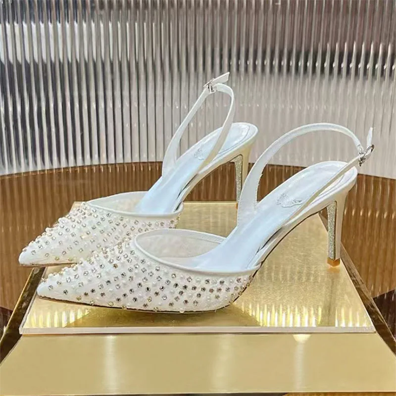 

New High Heels Shoes Women Rhinestone Peart Wedding Party Shoes Women Slingbacks Modern Pumps Pointed Toe Stiletto Shoes Woman