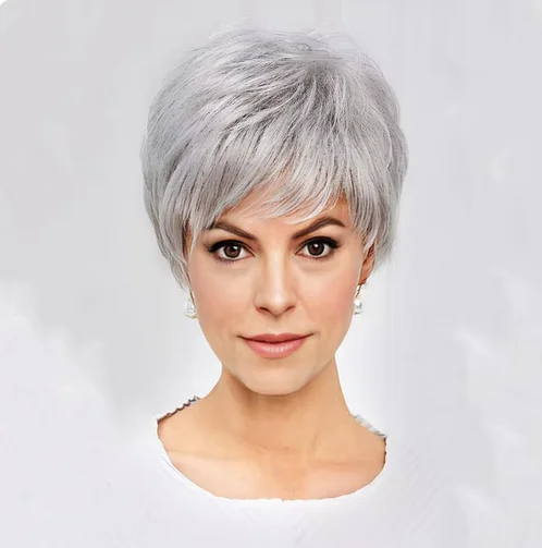 Granny Grey Wig Side Part Short Straight Hair For Middle-Aged Breathable Wig Synthetic Fiber High Temperature Silk Head Cover