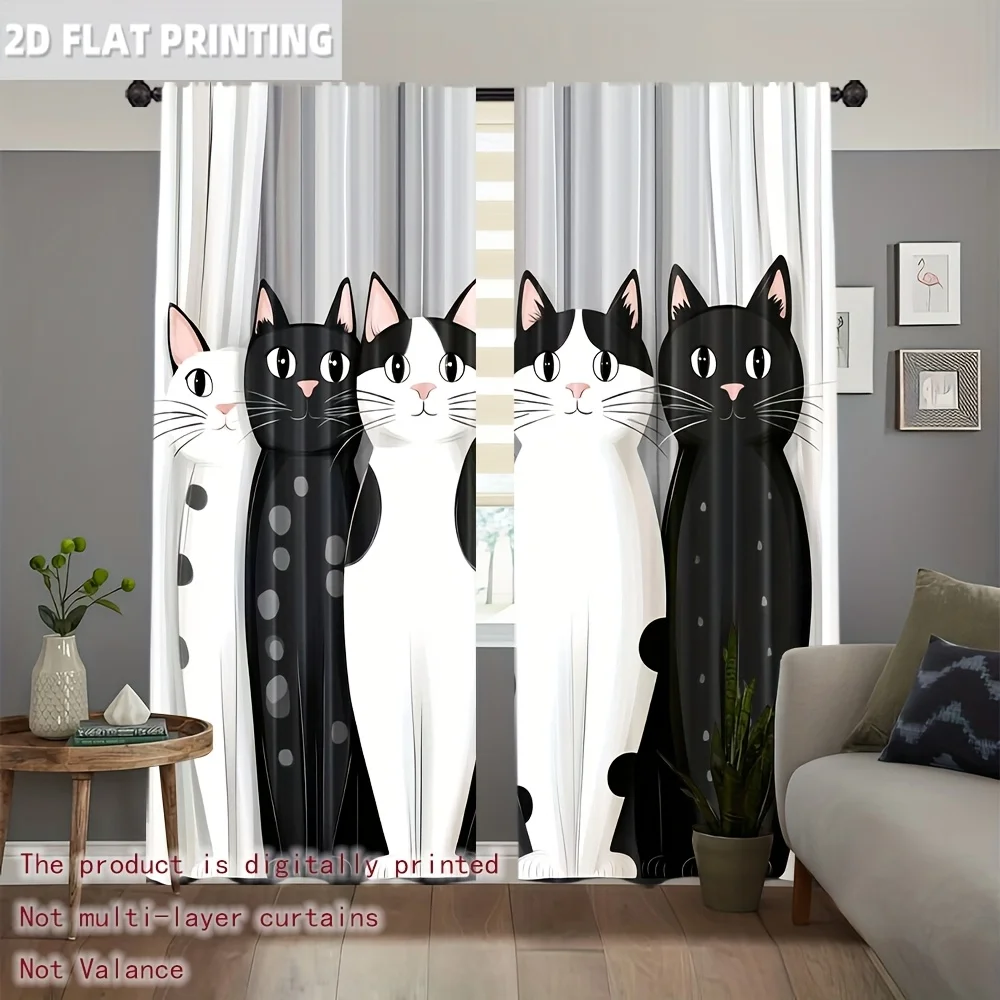 2 Panels Cute Cat Printed Curtains Cartoon Black White Kitties Window Drapes Polyester Living Room Bedroom Home Decor