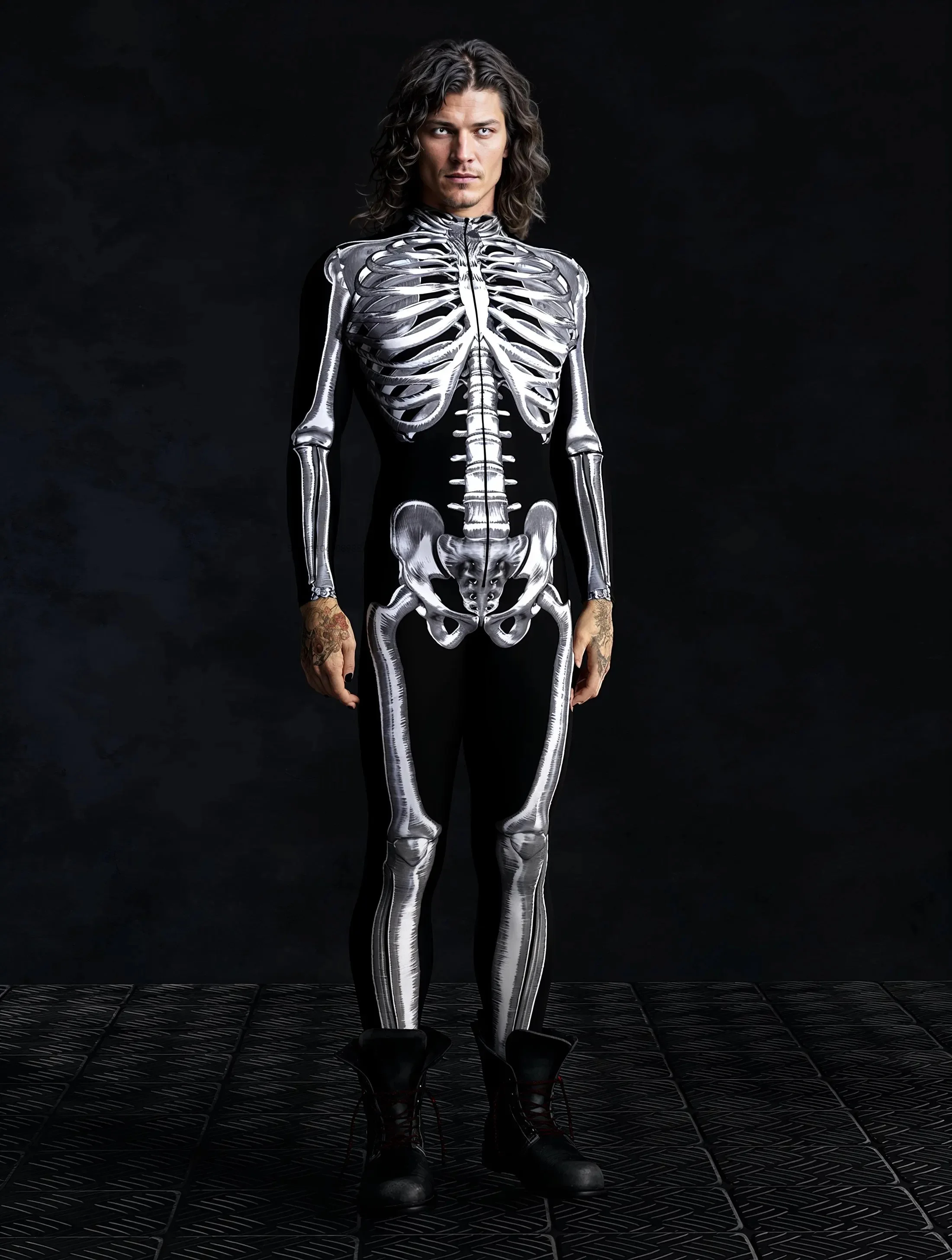 

A Men Skeleton Halloween Cosplay Costume Carnival Steampunk Artistic Pattern Sexy Slim Jumpsuit Performance Zentai Suit Bodysuit